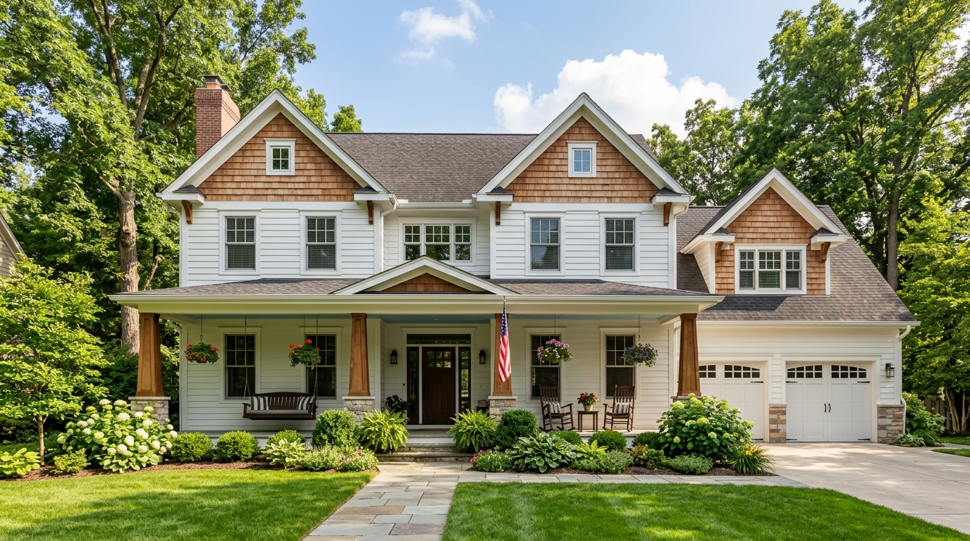 How can you buy your next house in Grand Rapids before selling your current home — West Michigan & Grand Rapids Guide (Spacious two-story West Michigan Craftsman and Colonial move-up family home with cedar-shake gable accents, wide front porch with porch swing, two-car garage, and mature trees)