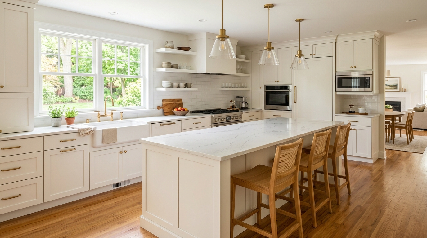 How fast can you get a HELOC in Michigan without refinancing your first mortgage — West Michigan & Grand Rapids Guide (Sunlit newly remodeled West Michigan kitchen with white shaker cabinets, quartz center island, oak hardwood floors, and backyard maple trees representing a home equity renovation)