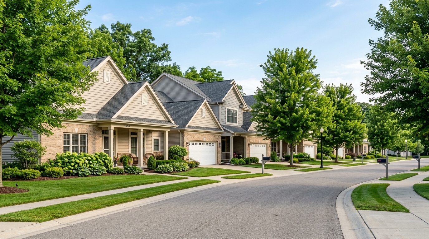 What is the difference between a site condo and an unwarrantable condo when getting a mortgage in Michigan — West Michigan & Grand Rapids Guide (West Michigan residential condominium neighborhood streetscape with pitched asphalt shingle roofs, brick and lap siding, manicured green lawns, and mature deciduous trees)